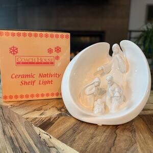 Coach House Gifts, White Ceramic Nativity Shelf Light, Manger in Angels Wings